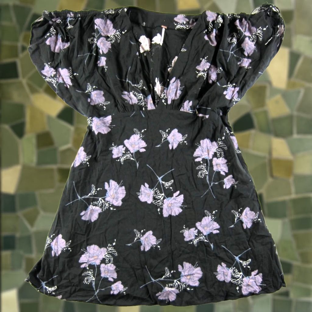 Free People Free People Rayon Black Blue Purple V-Neck Short Sleeve Pocket Smock Dress 12 Size 34" / US 12 / IT 48 - 1 Thumbnail