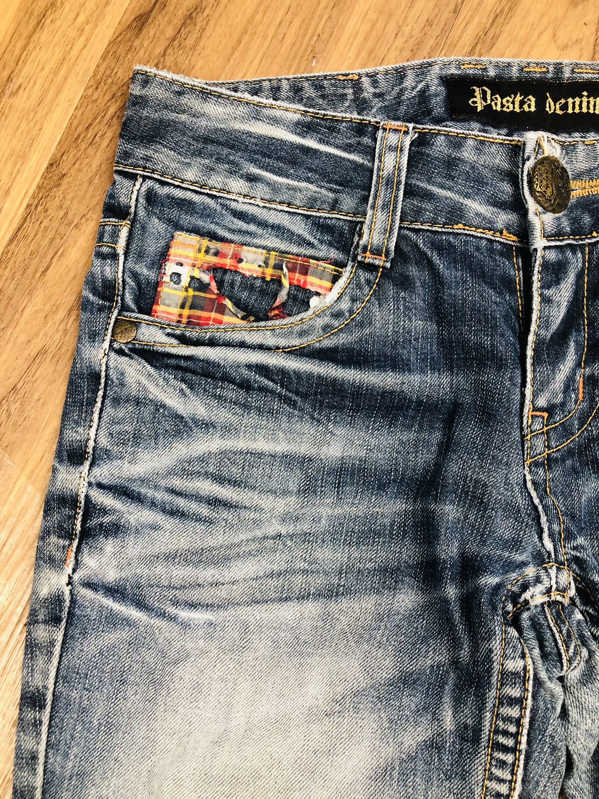 If Six Was Nine Pasta Denim Bootcut Distressed Jeans Plaid Patches (40) Size 26" / US 2 / IT 38 - 8 Thumbnail