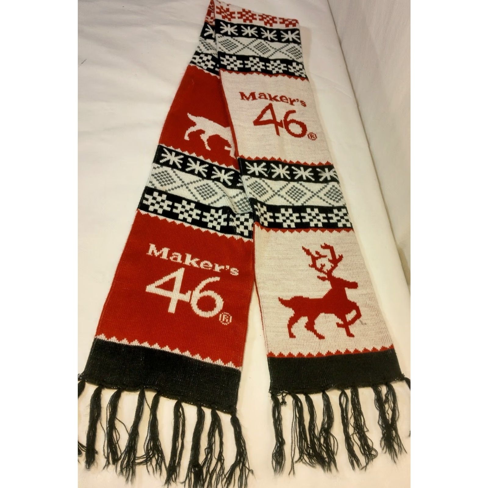 Vintage VINTAGE Maker's Mark No. 46 Knit Scarf Fringe Fair Isle Snowflake Red White Black Winter Womens Size ONE SIZE - 2 Thumbnail