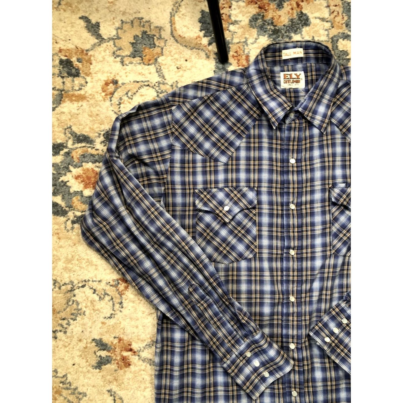Vintage ELY Cattleman Shirt Mens LT Tall Blue Plaid Western Pearl Snap Cowboy Shirt Size US L / EU 52-54 / 3 - 3 Thumbnail