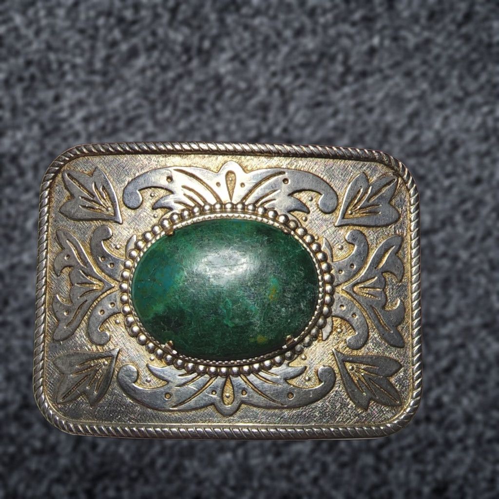 Vintage VINTAGE Jade and Silvertone Belt Buckle Belt Buckle Adult Unisex Green 1980s Arts & Crafts Birthday Concert Theme Accessories Size ONE SIZE - 1 Thumbnail