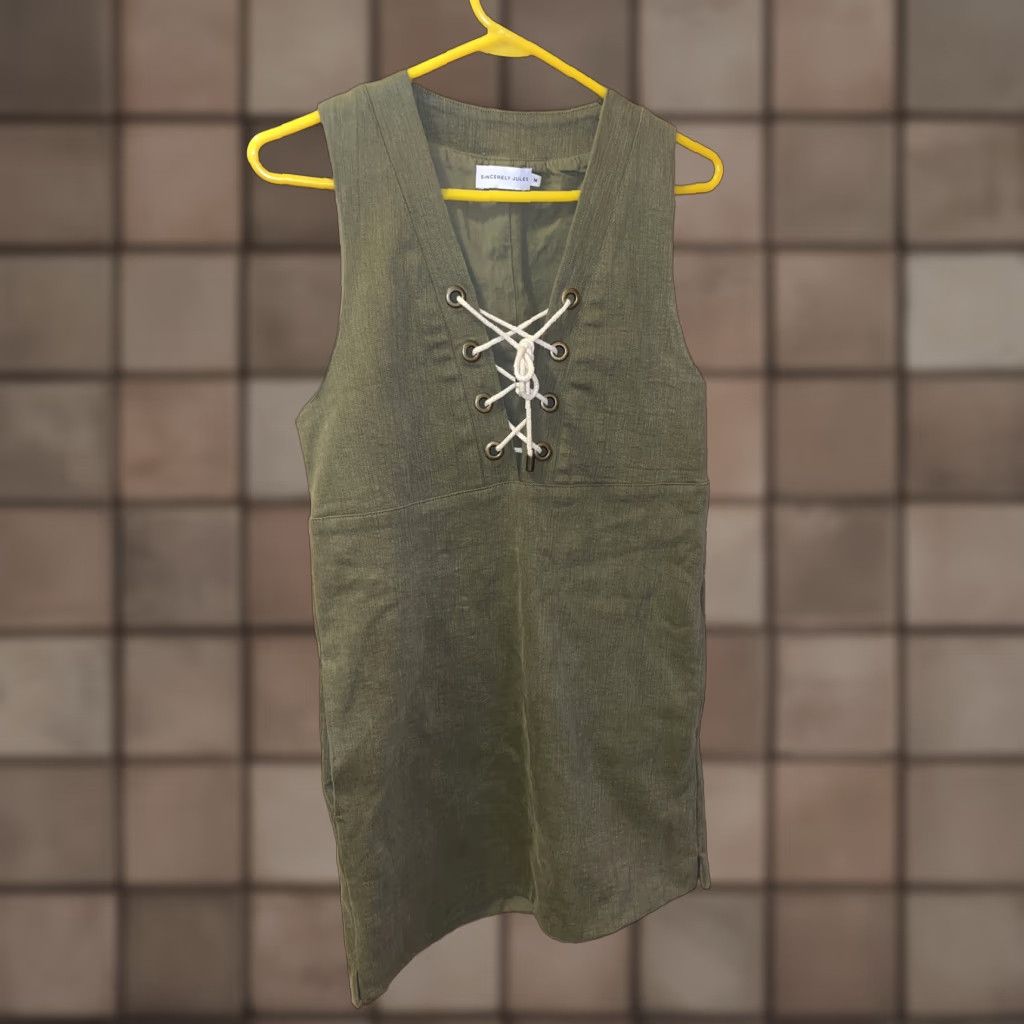 Vintage VINTAGE Sincerely Jules Women's Dress Medium Green Lace Up Tank Dress 90s Retro Style Knee Length Cotton Blend Summer Fall Winter Size M / US 6-8 / IT 42-44 - 1 Thumbnail