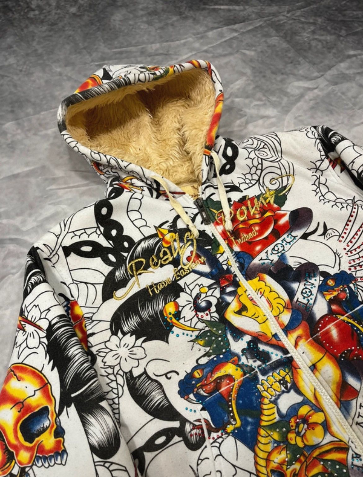 Vintage Really Point Ed Hardy Style Vintage Y2K Fur Zip Hoodie