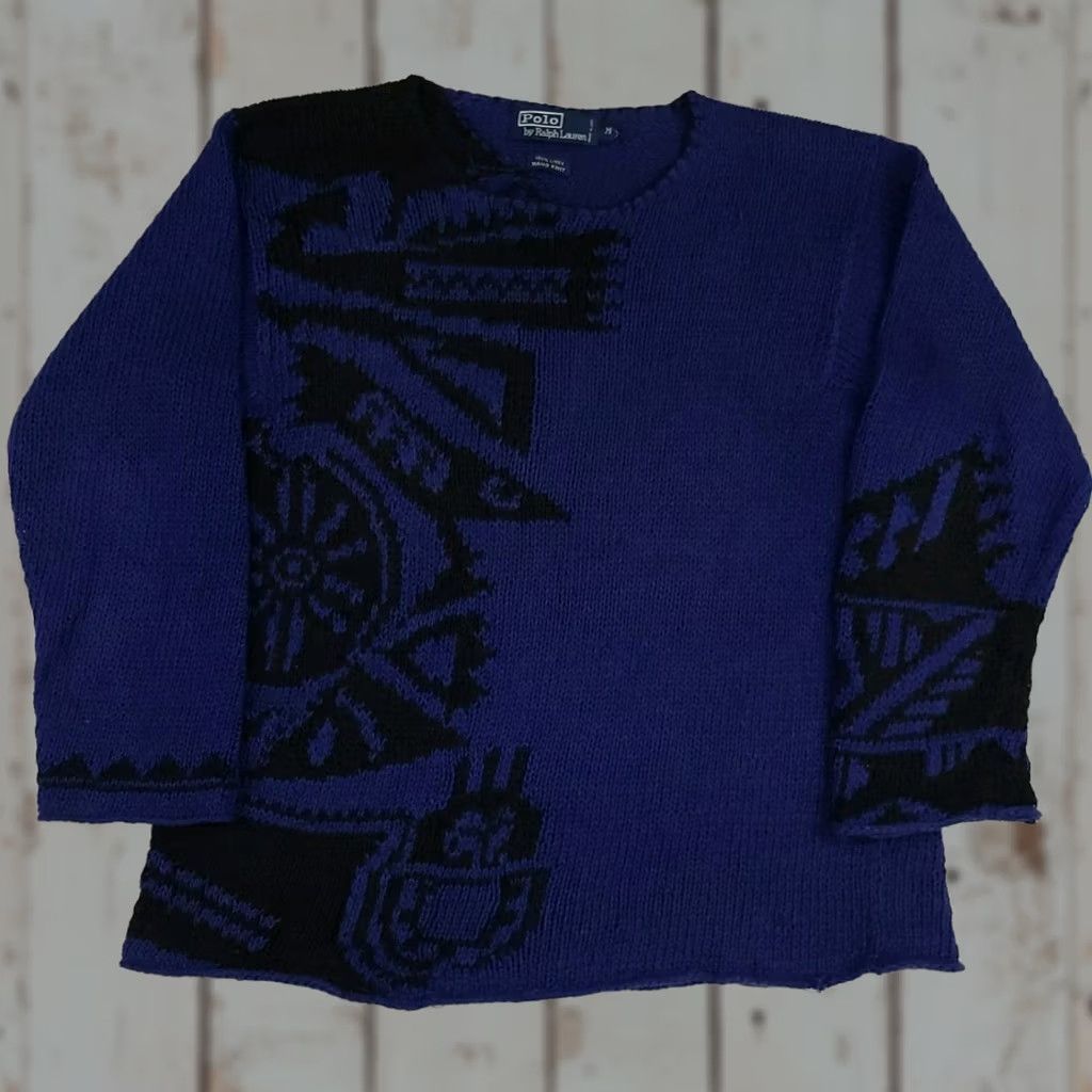 Polo Ralph Lauren VINTAGE Polo Ralph Lauren Sweater Mens M Blue Linen Hand Knit Tribal Native Abstract Rare Size US M / EU 48-50 / 2 - 1 Thumbnail