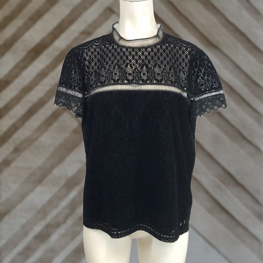 Laundry by Shelli Segal LAUNDRY BY SHELLI SEGAL Black Short Sleeve Lace Detail Top Womens L Size L / US 10 / IT 46 - 1 Thumbnail
