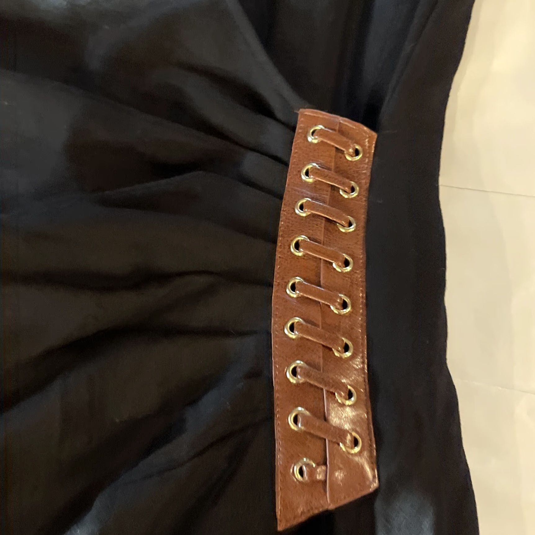 Vintage CACHE BLACK WRAP PONTE DRESS BROWN LACE UP LEATHER TRIM Sexy Steampunk Size 4 S Size S / US 4 / IT 40 - 7 Thumbnail