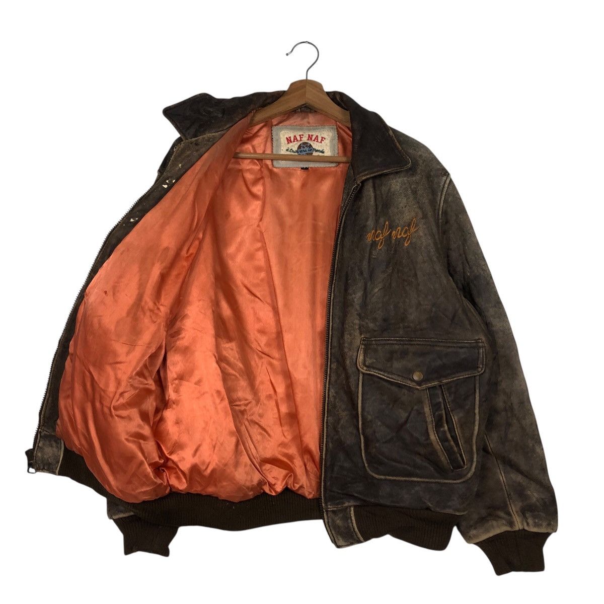 Japanese Brand 📌Vintage Flight Jumper Leather Jacket Naf Naf Big Logo Size US L / EU 52-54 / 3 - 12 Thumbnail