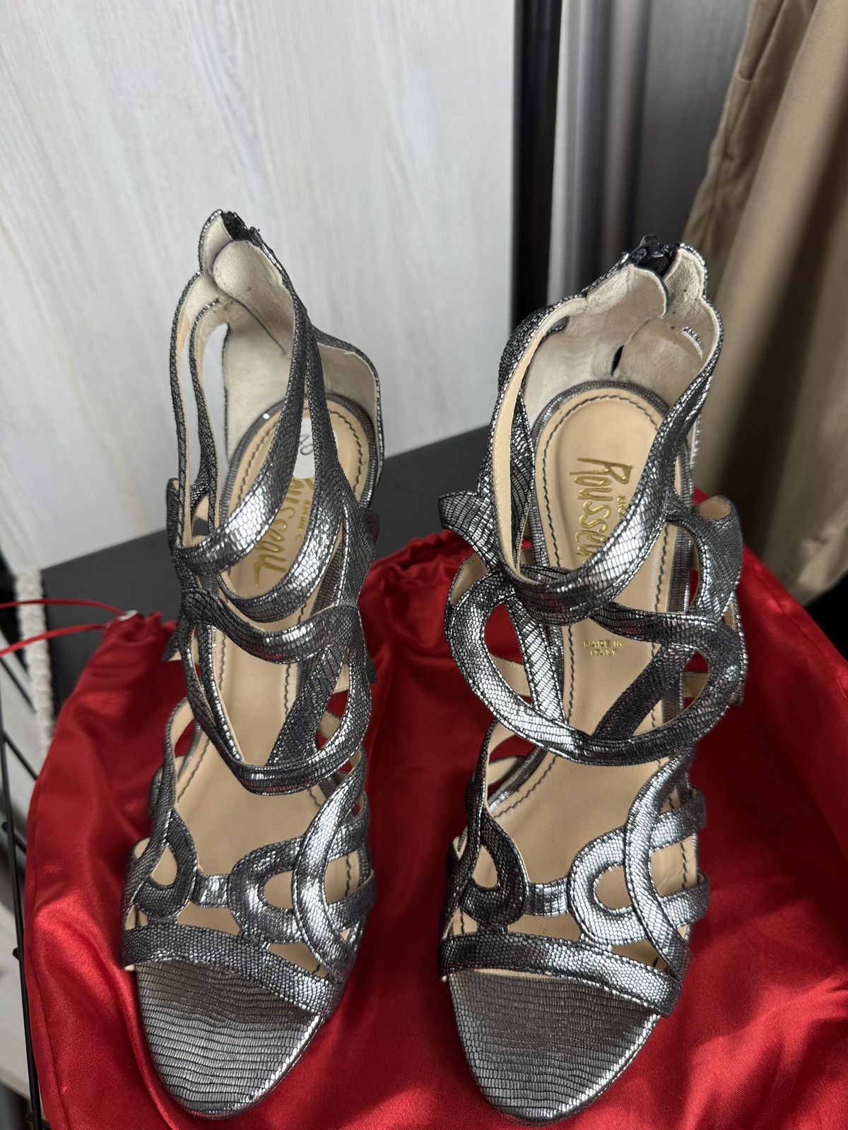 Designer Jerome C. Rousseau silver leather gladiator sandals heels Size US 10 / IT 40 - 12 Thumbnail