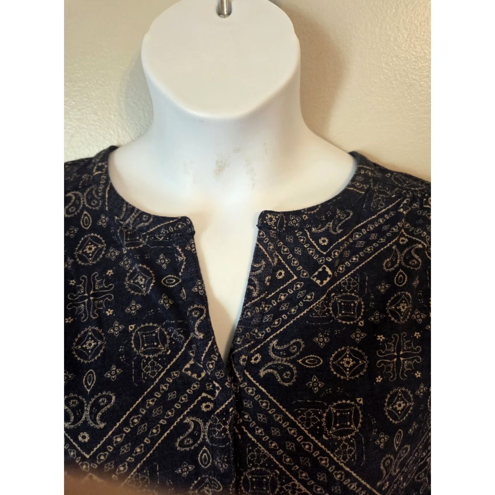 Lucky Brand Lucky Brand Navy Blue Floral Paisley Print 3/4 Sleeve Top Plus 1X Womens Blouse Cotton Modal Split Neck Boho Casual Shirt Size XL / US 12-14 / IT 48-50 - 2 Thumbnail