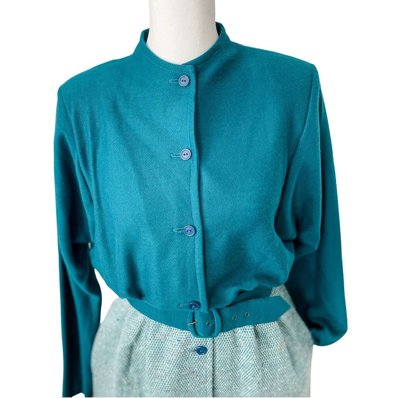 Vintage Vintage 70s/80s Teal Wool Blend Tweed Button Up Dress size S Size S / US 4 / IT 40 - 3 Thumbnail