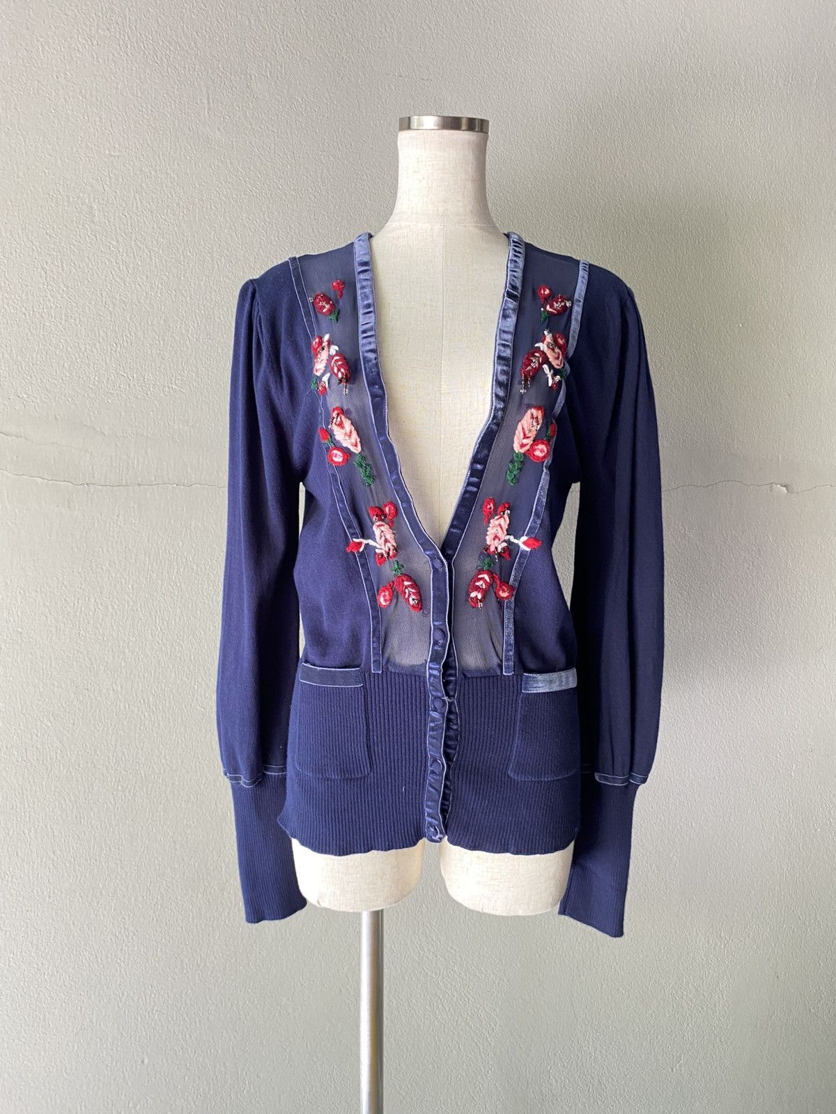 Kenzo KENZO Blue V-Neck Cardigan with Embroidered Trim. Size ONE SIZE - 22 Thumbnail