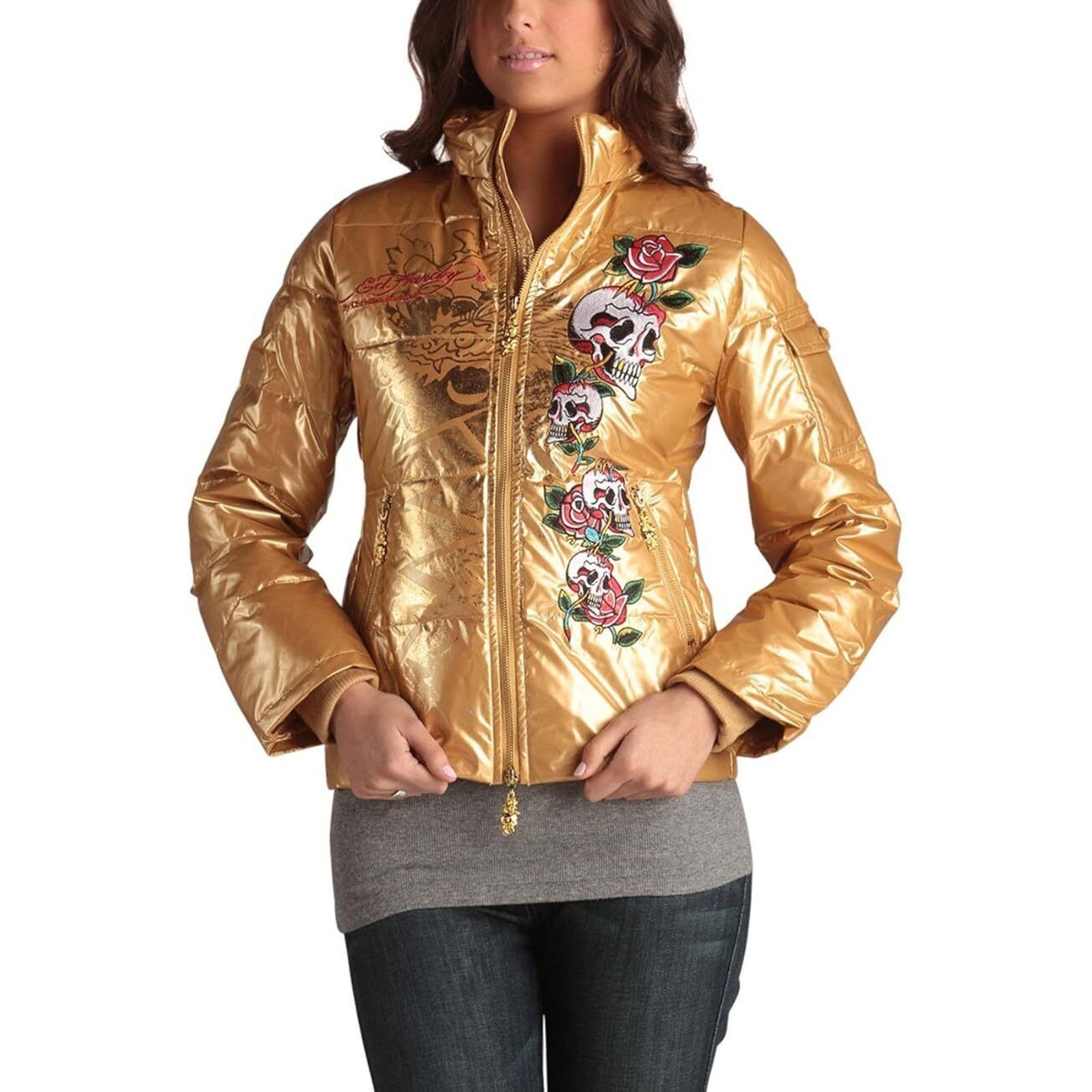 Ed Hardy Ed Hardy by Christian Audigier Women's Gold Puffer Jacket Size M / US 6-8 / IT 42-44 - 5 Thumbnail