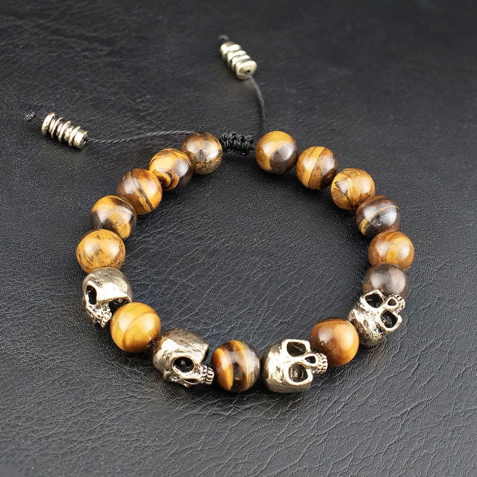 Jewelry Gothic Skull Head Charm Tiger eye Bracelet Size ONE SIZE - 1 Thumbnail