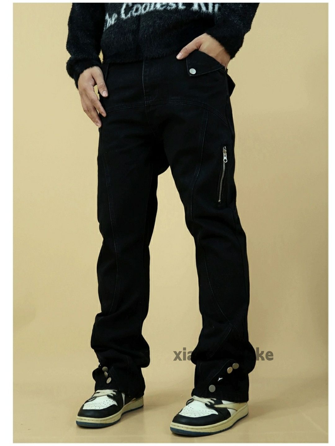 washed faded punk patchwork zipper utility jeans