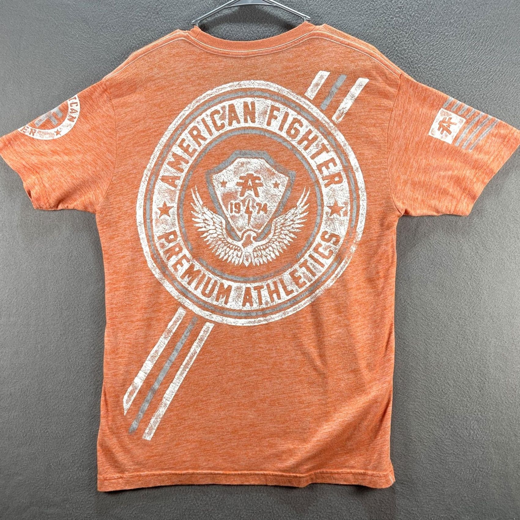 Vintage American Fighter Shirt Mens Large Orange Premium Athletics Graphic Tee Buckle Size US L / EU 52-54 / 3 - 2 Thumbnail