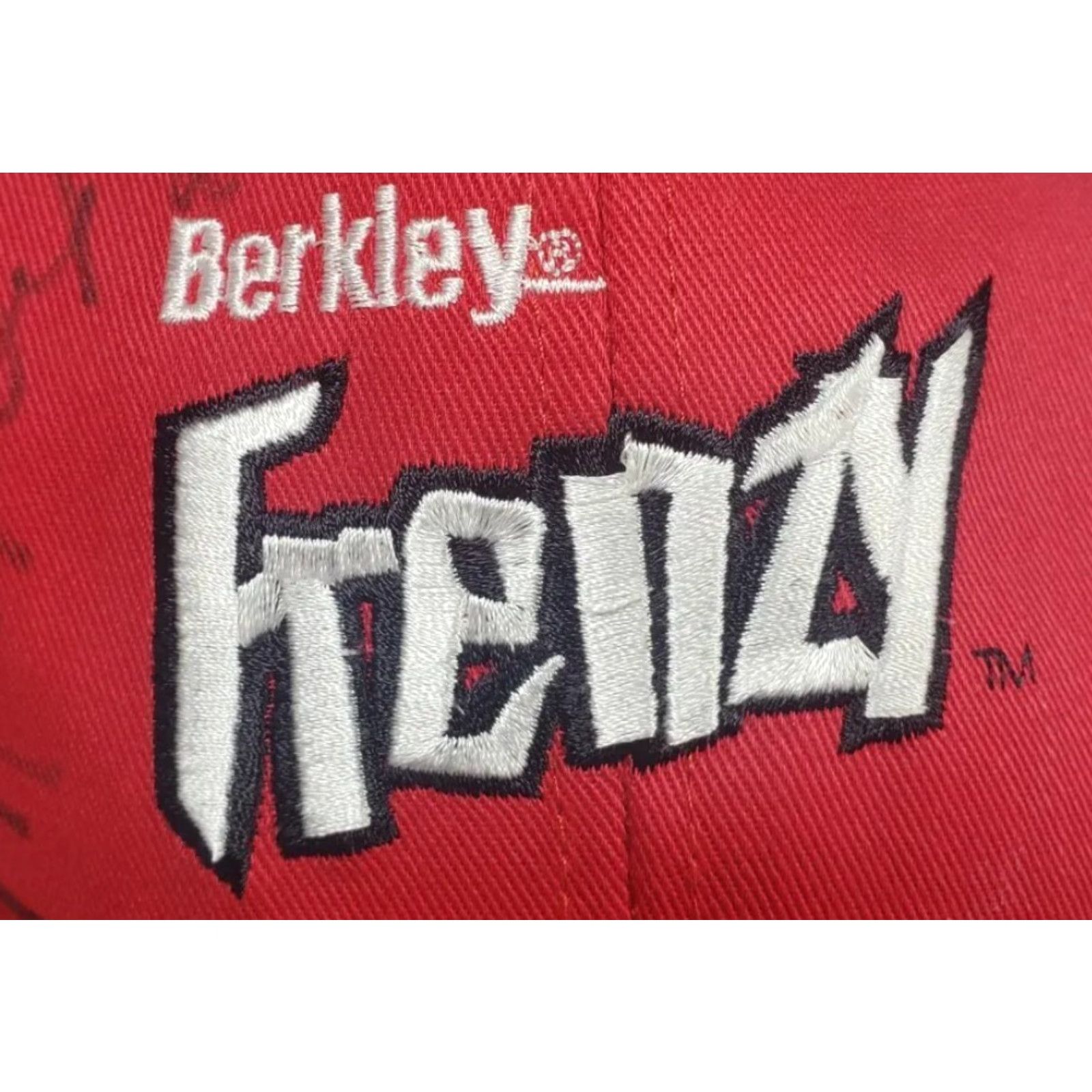 Vintage VINTAGE Berkley Frenzy Snapback Cap Hat Fishing Black Red Pike Bass SIGNED Lure Rod Chamberlain Men One Size Red Twill Cotton Hat Casual Fish Size ONE SIZE - 2 Thumbnail