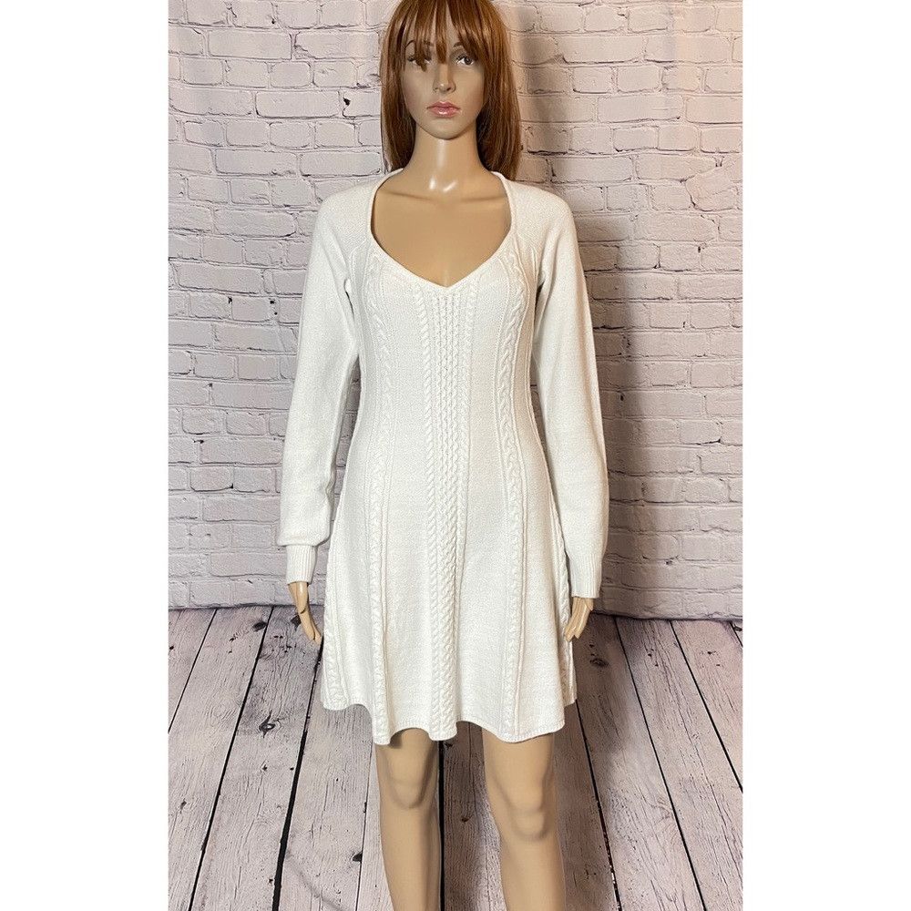 Free People New Free People Small World Sweater White Mini Dress Size L Size L / US 10 / IT 46 - 3 Thumbnail