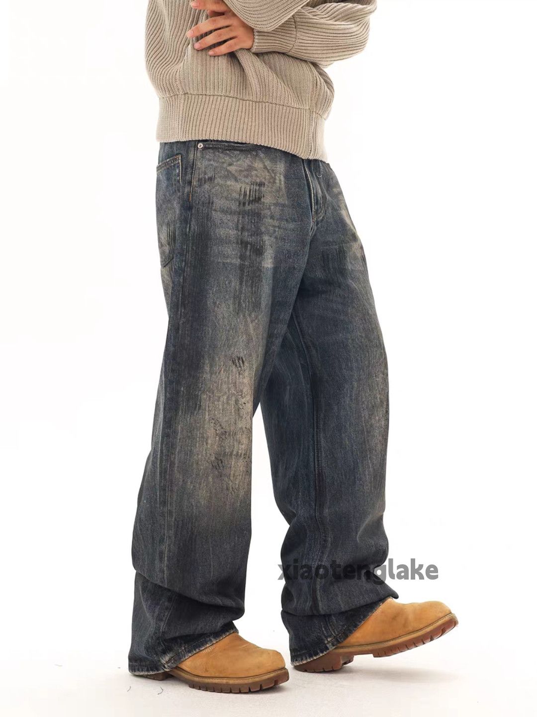Jean Unisex washed faded stain paint punk grunge baggy jeans Size US 36 / EU 52 - 2 Thumbnail