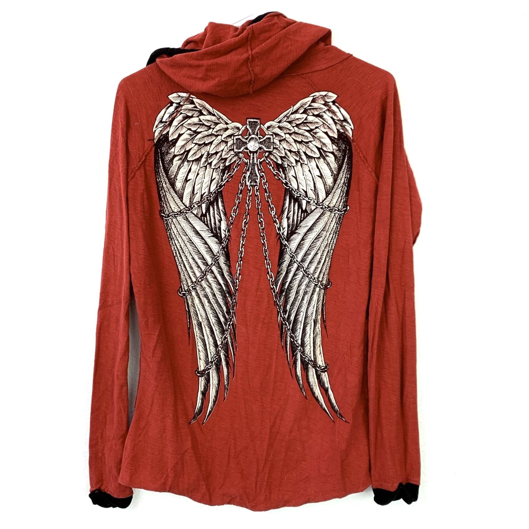 Affliction Sinful by Affliction Hoodie Women’s Red Wings Raglan Long Sleeve Button Front Graphic Print Slimming 100% Cotton Medium Size M / US 6-8 / IT 42-44 - 2 Thumbnail