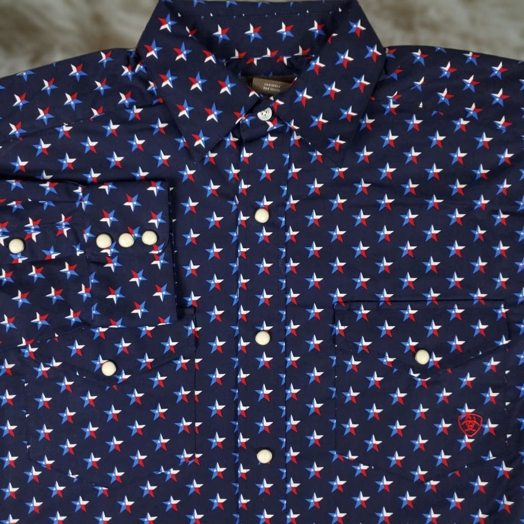 Ariat Shirt Mens Small Blue Western Pearl Snap Button-Up Long Sleeve Star Print