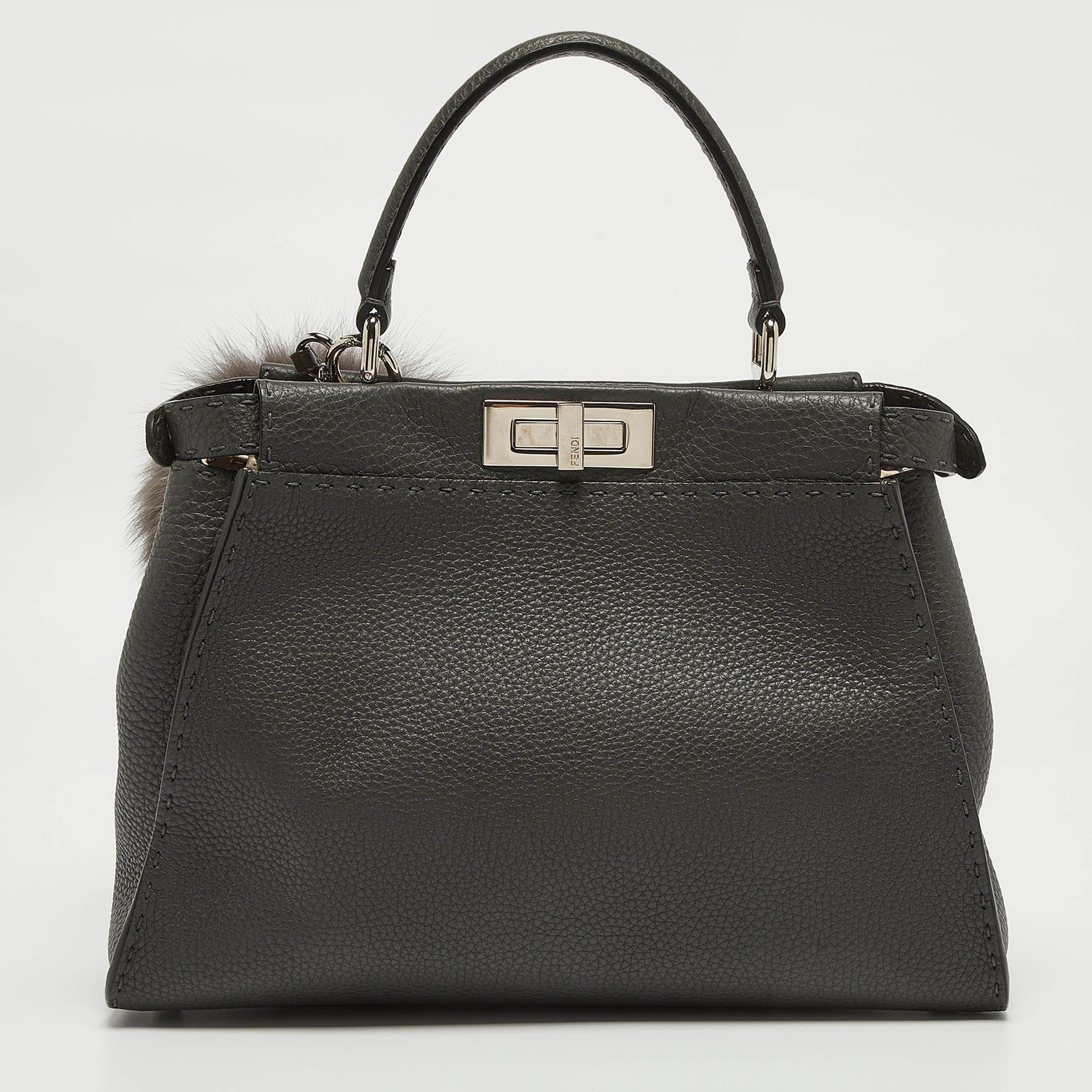 image of Fendi Grey Selleria Leather Medium Peekaboo Top Handle Bag, Women's