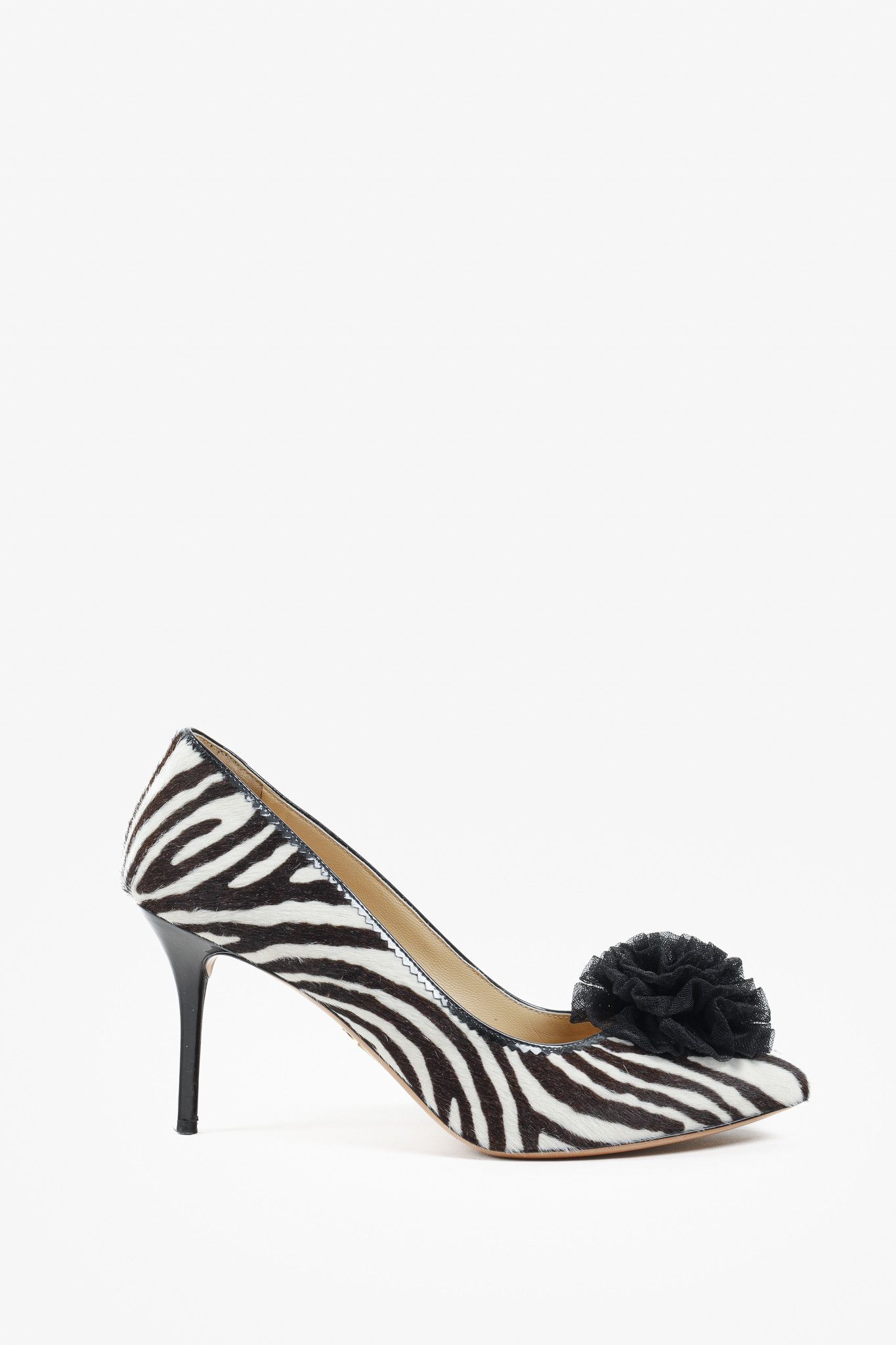 Charlotte Olympia Desiree Black Zebra Pony Skin Stilettos