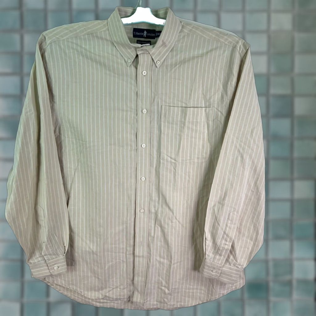 Vintage T. Harris London Striped Button-Up Shirt Mens XL Beige Casual Business Size US XL / EU 56 / 4 - 1 Thumbnail