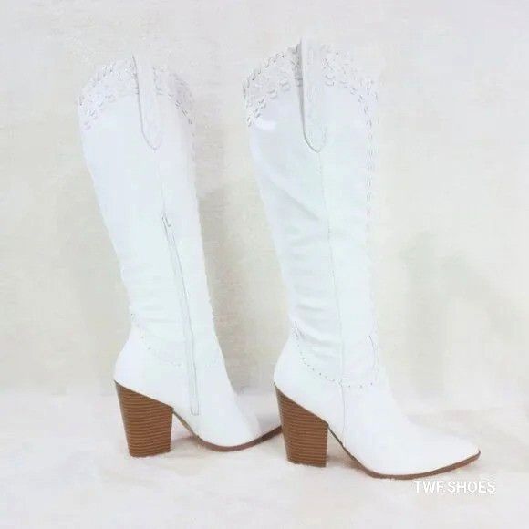 Other White Matte Western Knee High Cowgirl Boots Weave Design Size US 11 / IT 41 - 5 Thumbnail