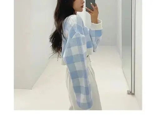 Japanese Brand × Vintage Women Checkerboard Crop Knit Sweater Size ONE SIZE - 2 Thumbnail