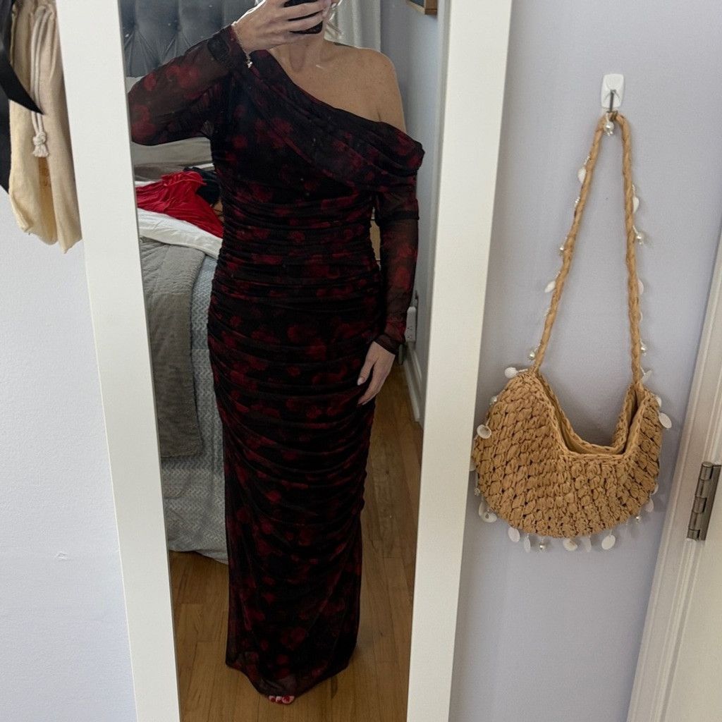 Abercrombie & Fitch One-Shoulder Red and Black Floral Dress Size L / US 10 / IT 46 - 1 Thumbnail