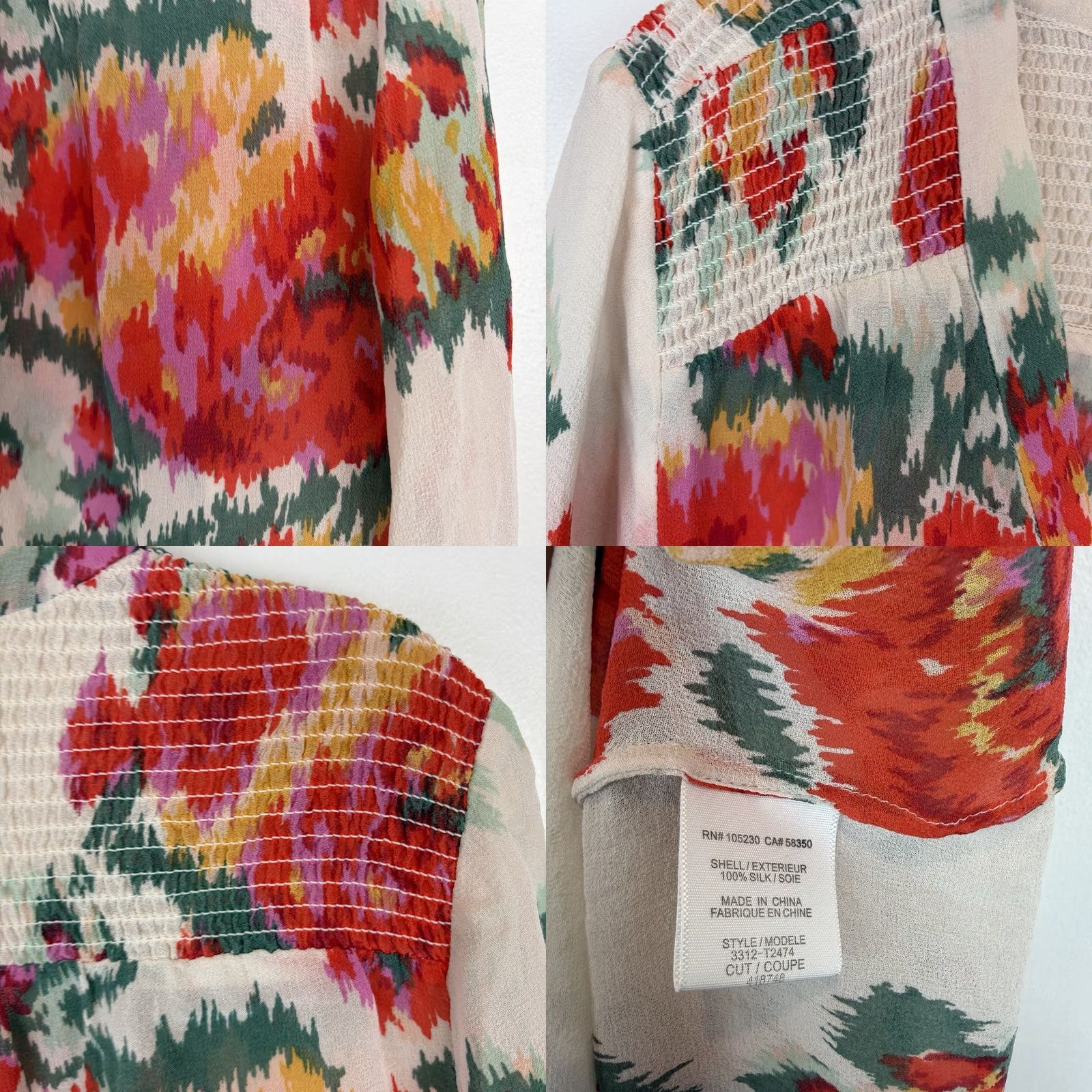 Joie JOIE Blouse Shirt Womens S Floral Tunic Sheer Silk Chiffon V-Neck Long Sleeve Button Dry Clean Only Ivory Peasant Smocked Boho Casual 100% Silk Size S / US 4 / IT 40 - 8 Thumbnail