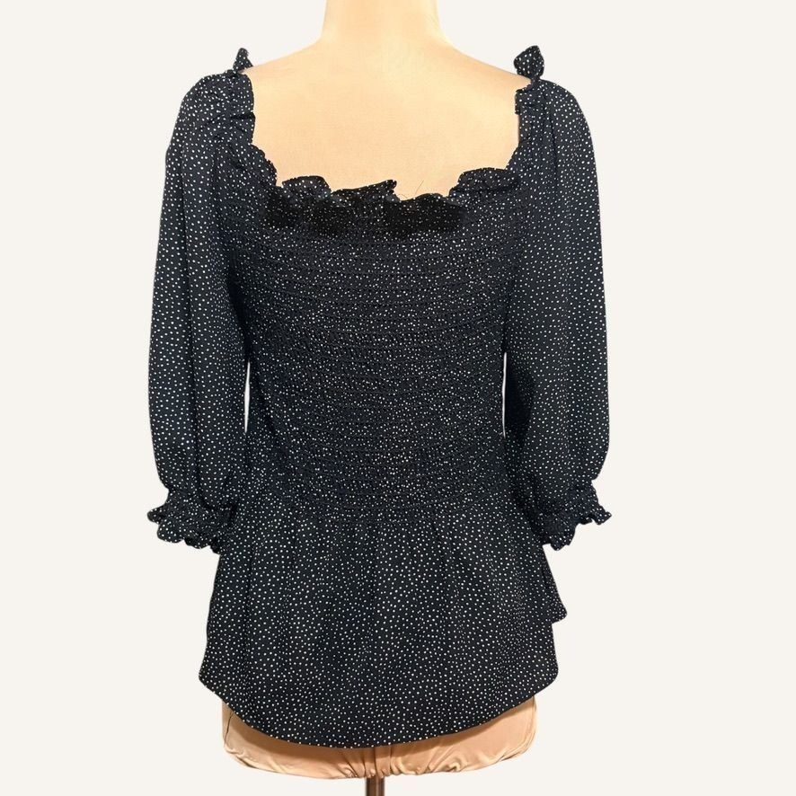 Other Max Studio Ruffle Blouse M Polka Dot White Black Smocked EUC Size M / US 6-8 / IT 42-44 - 2 Thumbnail