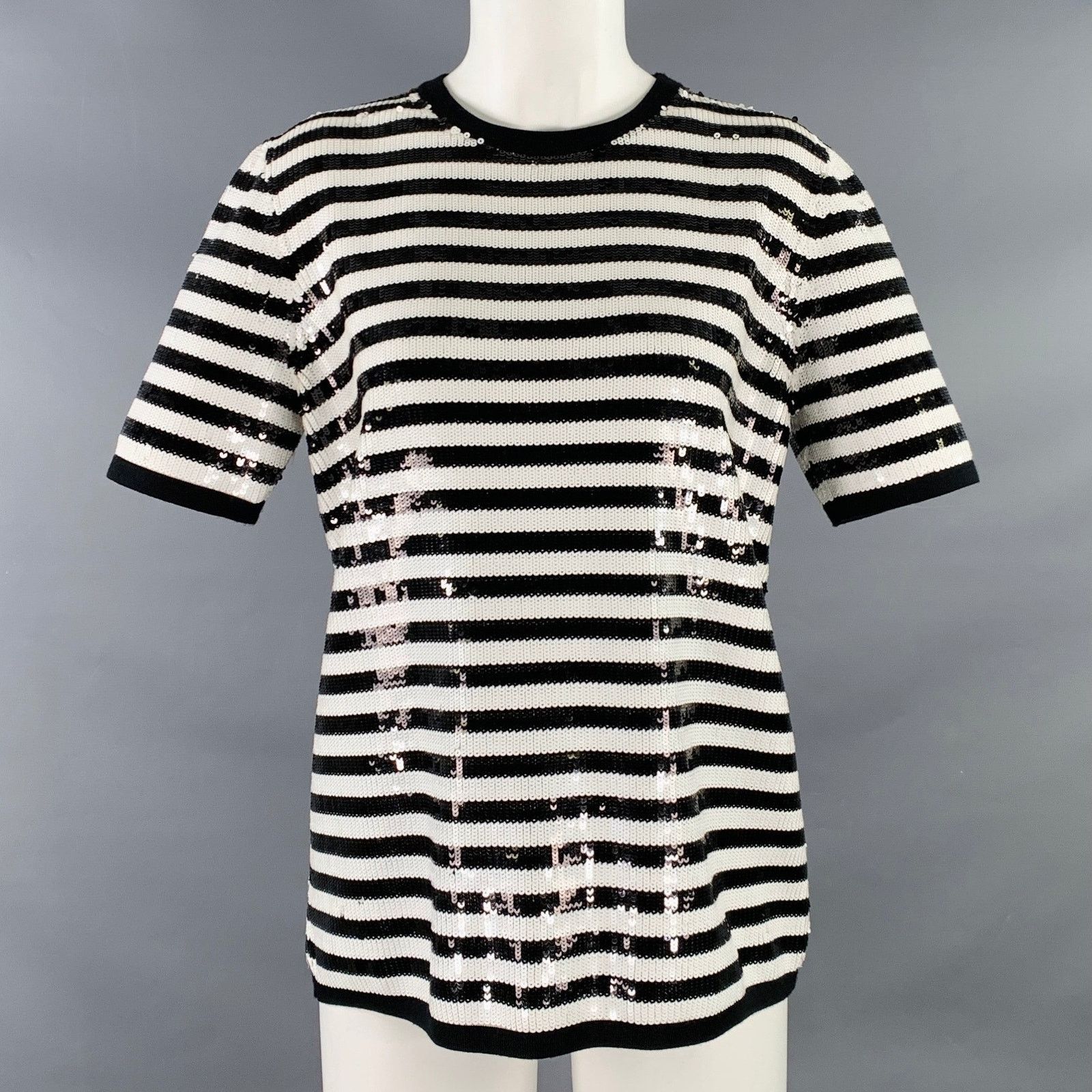 Michael Kors MICHAEL KORS Black White Merino Wool Sequined Stripe T-Shirt Size S / US 4 / IT 40 - 1 Thumbnail