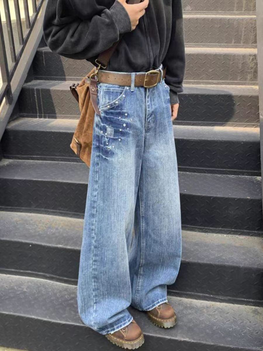 Japanese Brand × Jean Vintage studded washed loose fit straight leg jeans Size US 32 / EU 48 - 4 Thumbnail