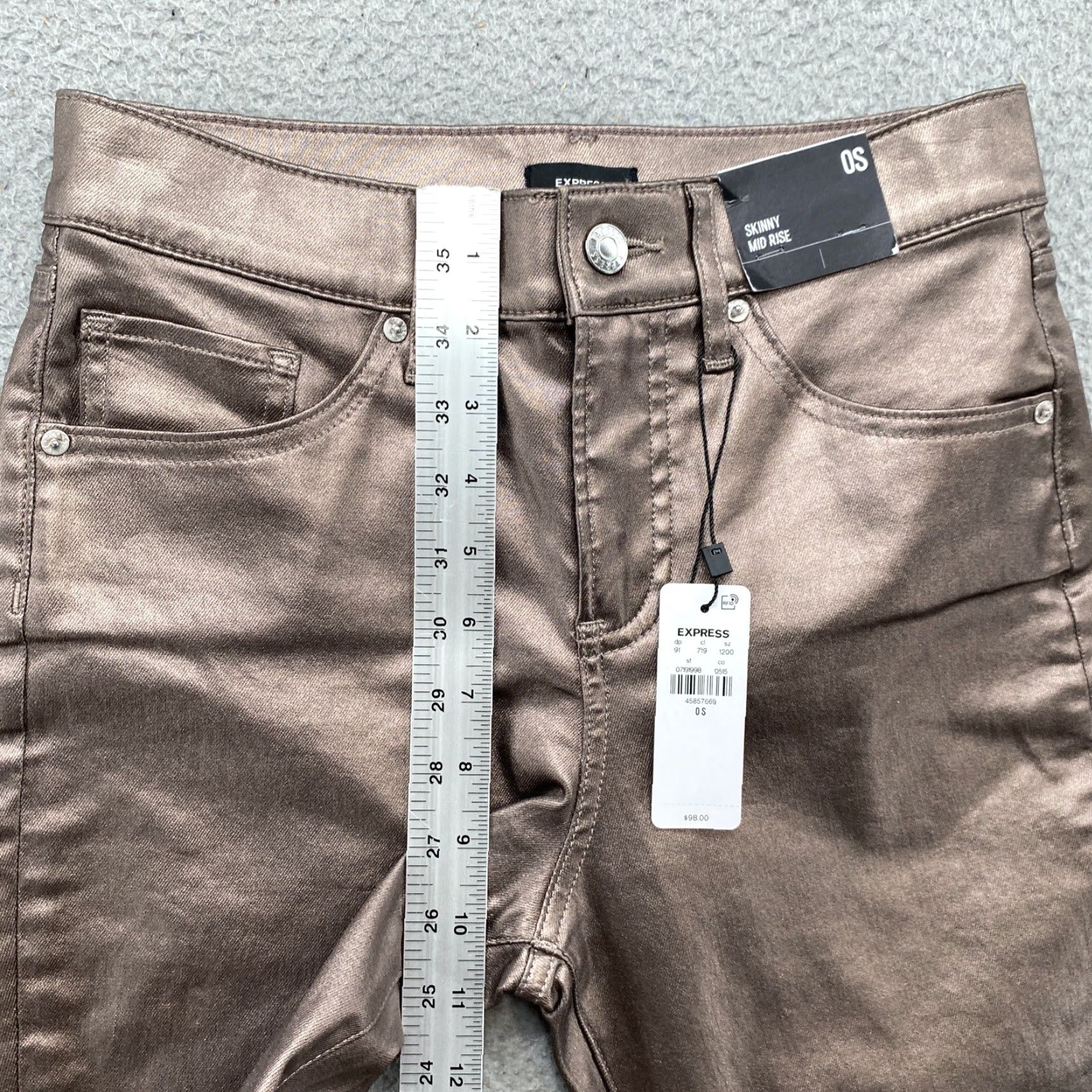 Express **Express Women’s Silver Stretch Skinny Mid-Rise New Size 0S Pants** User: **Express Women’s Silver Stretch Skinny Mid-Rise Pants Size 0S NEW** Size 25" / US 0 / IT 36 - 7 Thumbnail