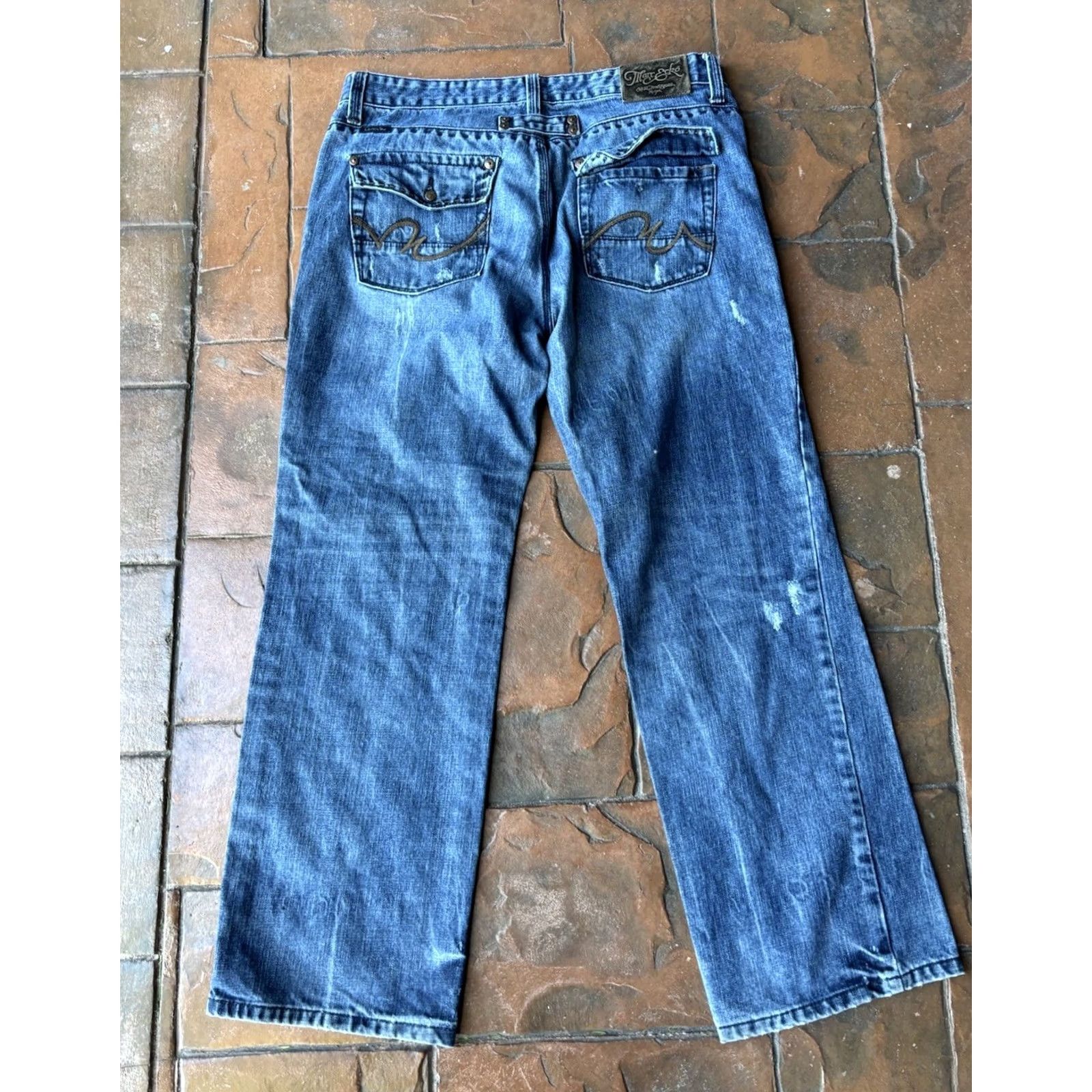 Marcs VINTAGE Marc Ecko Jeans 36x30 Regular 5-Pocket Denim Blue Cotton Embroidered Button Zip Distressed Stains Wide-Leg Men’s Clothing Size US 36 / EU 52 - 3 Thumbnail