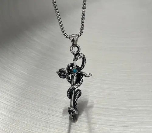 Jewelry Silver Snake & Cross - Blue Gemstone Pendant Necklace Size ONE SIZE - 5 Thumbnail