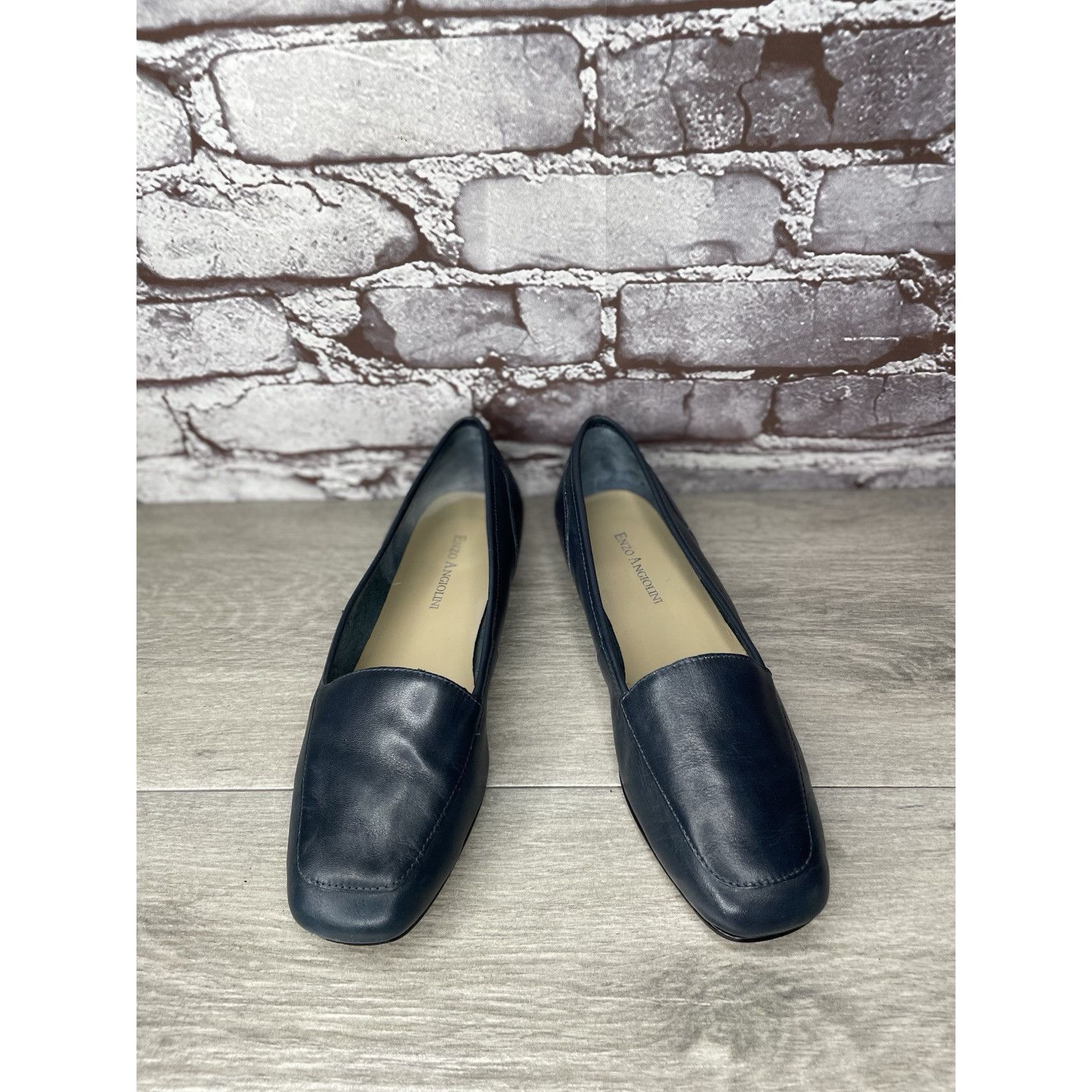 Enzo Bonafe Enzo Angiolini Liberty Navy Blue Leather Square Toe Loafers Size US 7 / IT 37 - 14 Thumbnail