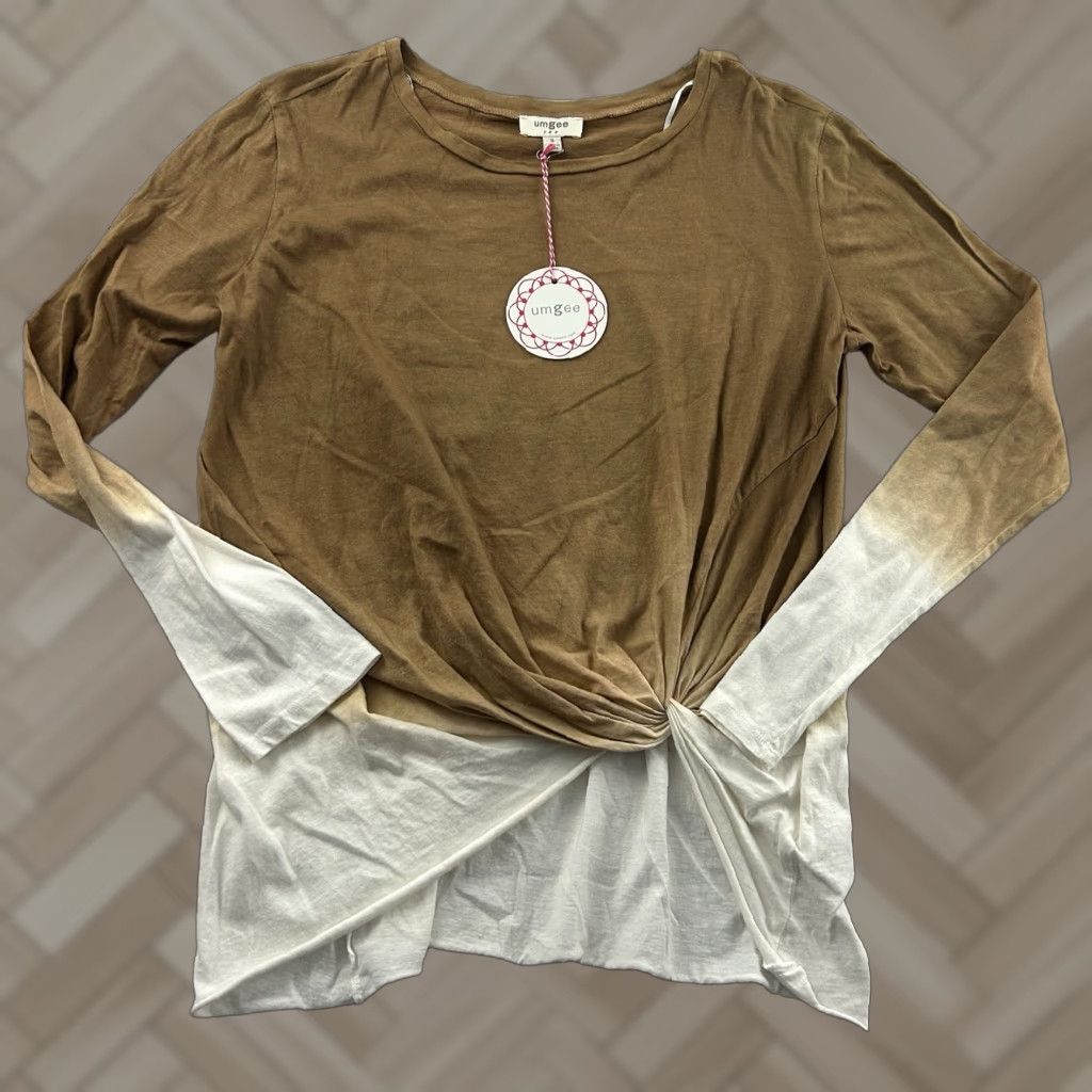Vintage UMGEE Long Sleeve Two Tone Knotted Front Top Women's Small Brown Tan Shirt Blouse Womens S Brown Two Tone Knotted Front Top Size S / US 4 / IT 40 - 1 Thumbnail