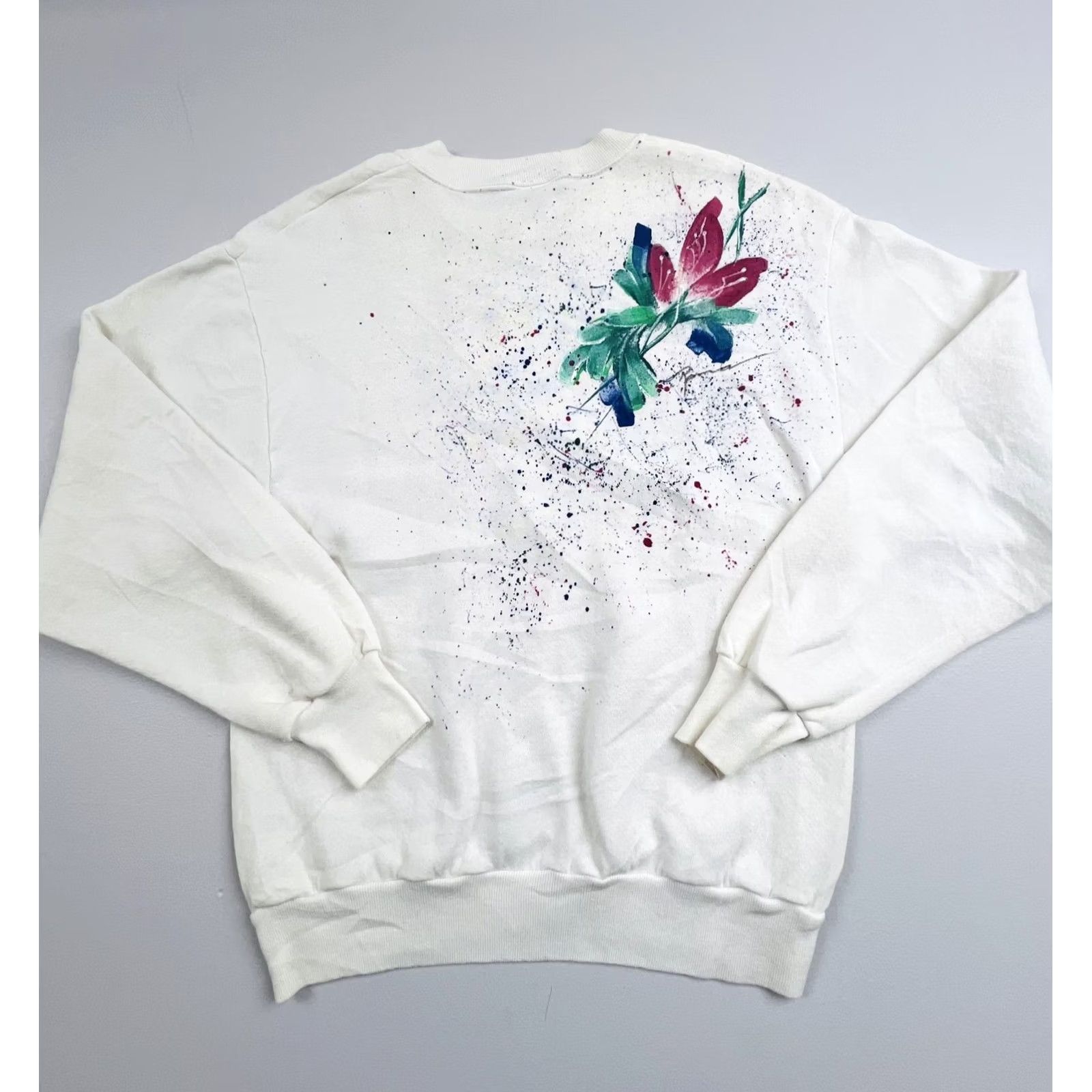Jerzees VINTAGE Jerzees Sweatshirt Small White Floral Paint Splatter Fleece USA VTG Size S / US 4 / IT 40 - 2 Thumbnail