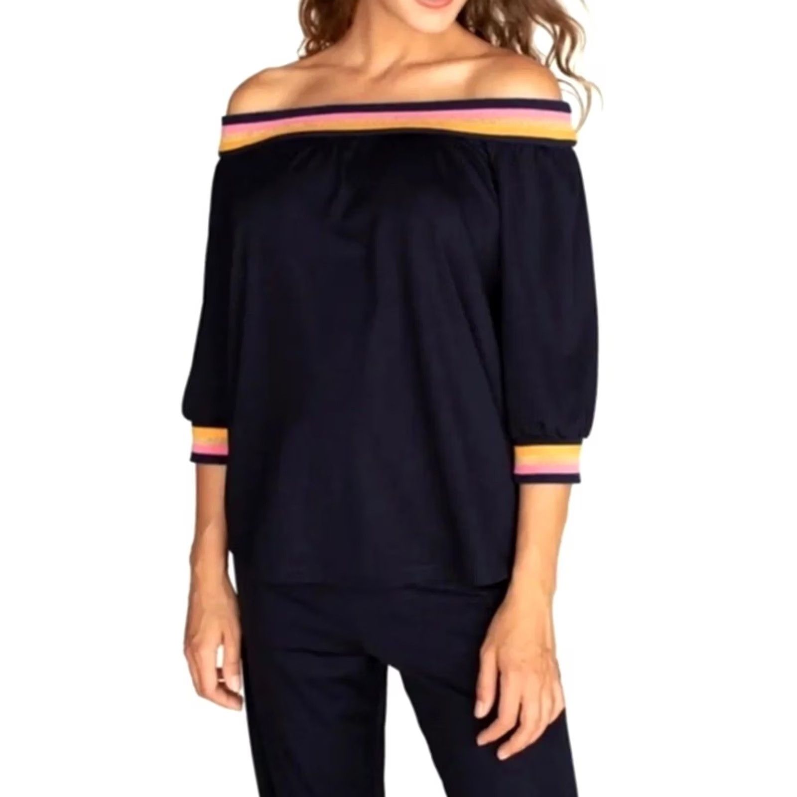 Trina Turk Trina Turk Blouse Shirt Beach Off The Shoulder Navy L Womens Summer Casual 3/4 Sleeve Size L / US 10 / IT 46 - 4 Thumbnail