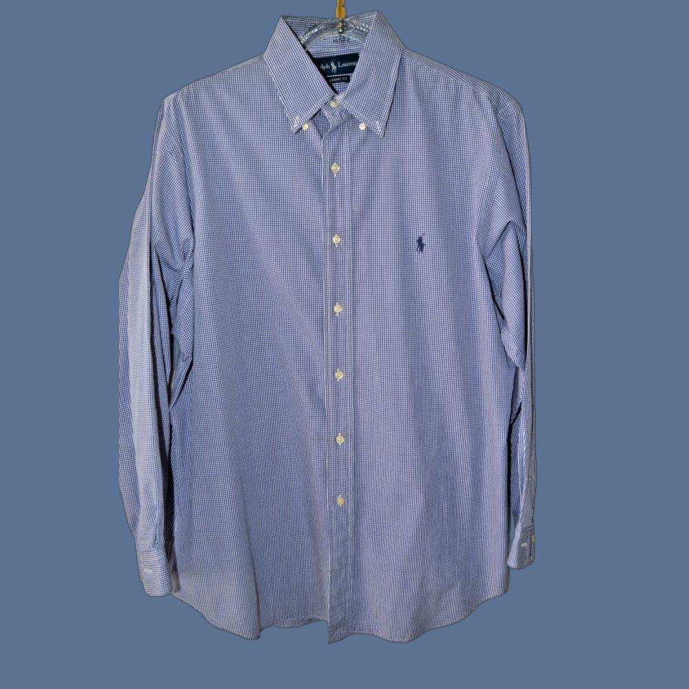 Polo Ralph Lauren VINTAGE Polo Ralph Lauren Dress Shirt Blue Check Men 17 32/33 Cotton Classic Fit Button-Down Long Sleeve Size 46R - 1 Thumbnail