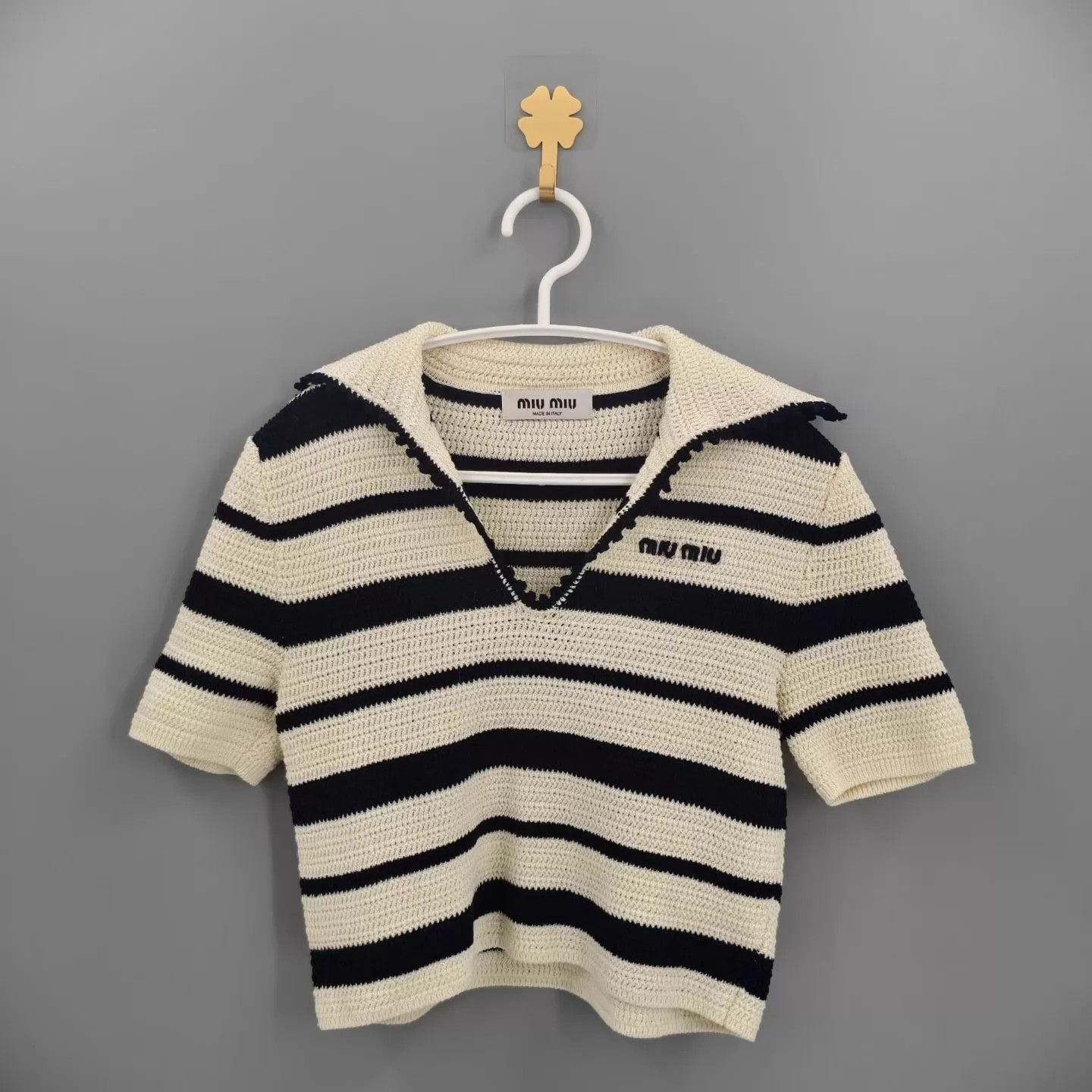 Miu Miu MIU MIU Women's Beige Color-Blocked Stripe Short-Sleeve Knit Size XS / US 0-2 / IT 36-38 - 1 Thumbnail