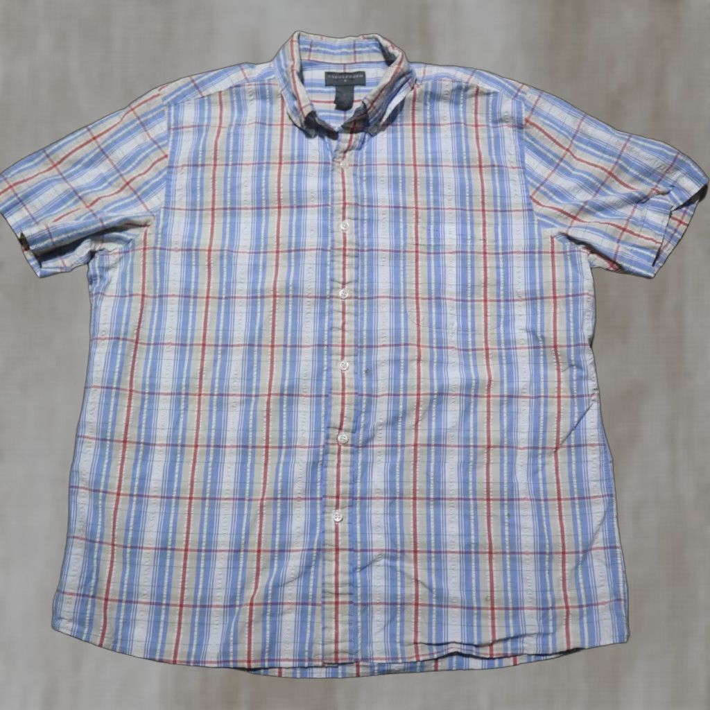 X-LARGE Saddlebred Shirt Button-Up Men XL Red White Blue Striped Casual Workwear 100% Polyester, Short Sleeve, Multicolor, Regular Fit, Adults, Button-Down Size US XL / EU 56 / 4 - 1 Thumbnail