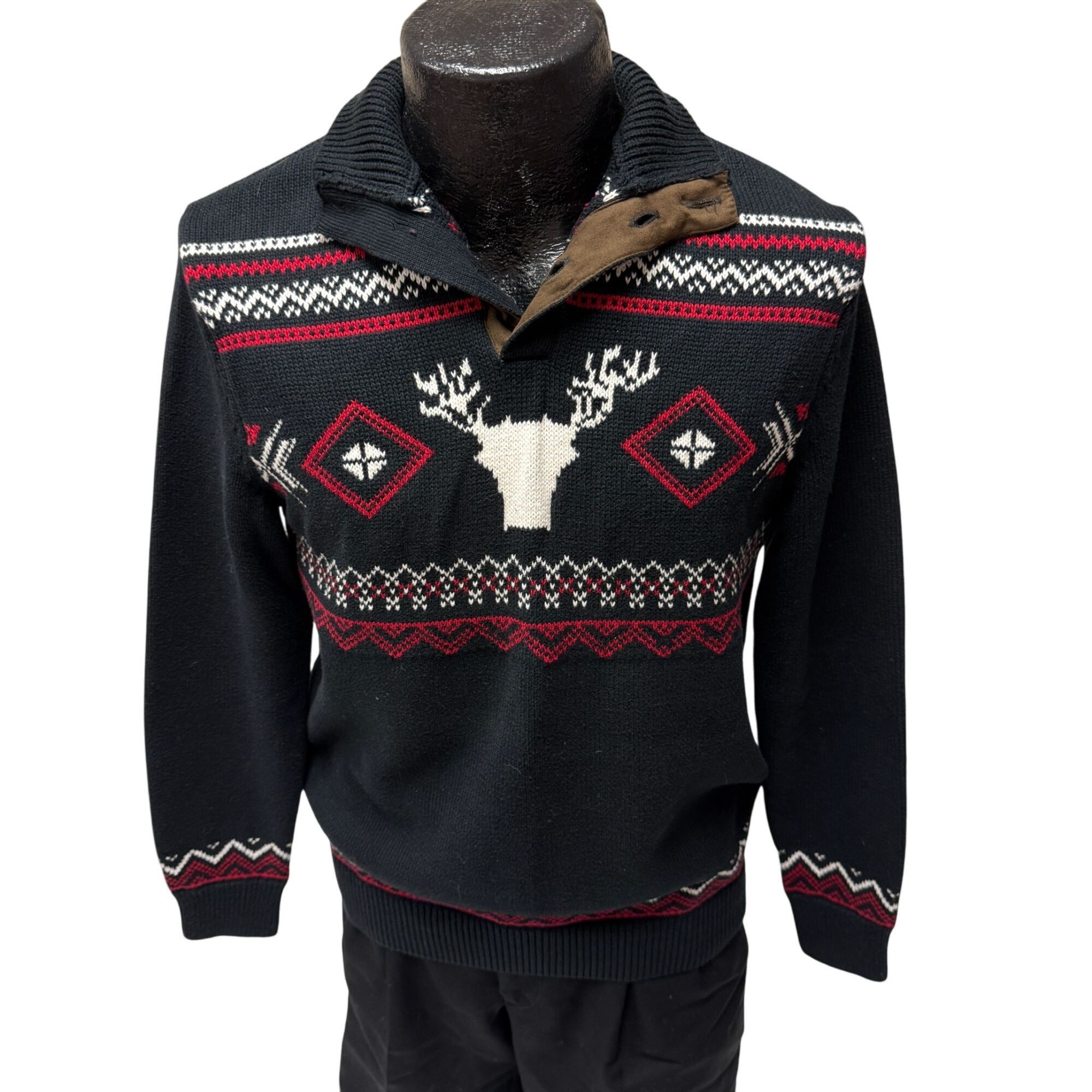 Chaps Black 1/4 Btn Pullover MOCK Neck NORDIC Deer Hunting Sweater Size US S / EU 44-46 / 1 - 2 Thumbnail