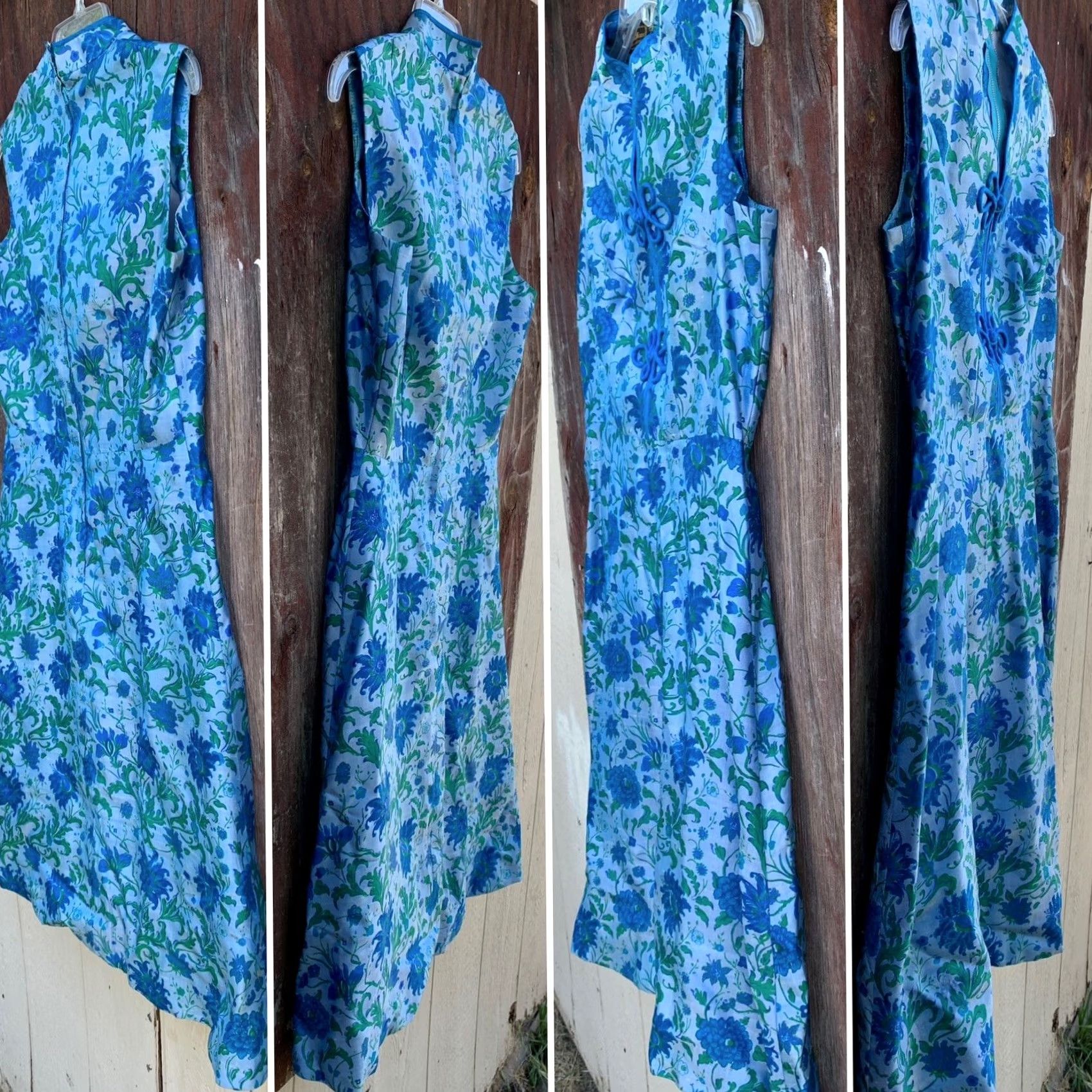 Vintage VINTAGE Thai Silk Dress Floral Metal Zipper cheongsam tiki mod Dress 100% Silk Blue 1960s Womens Size 4XL / US 24-26 - 3 Thumbnail