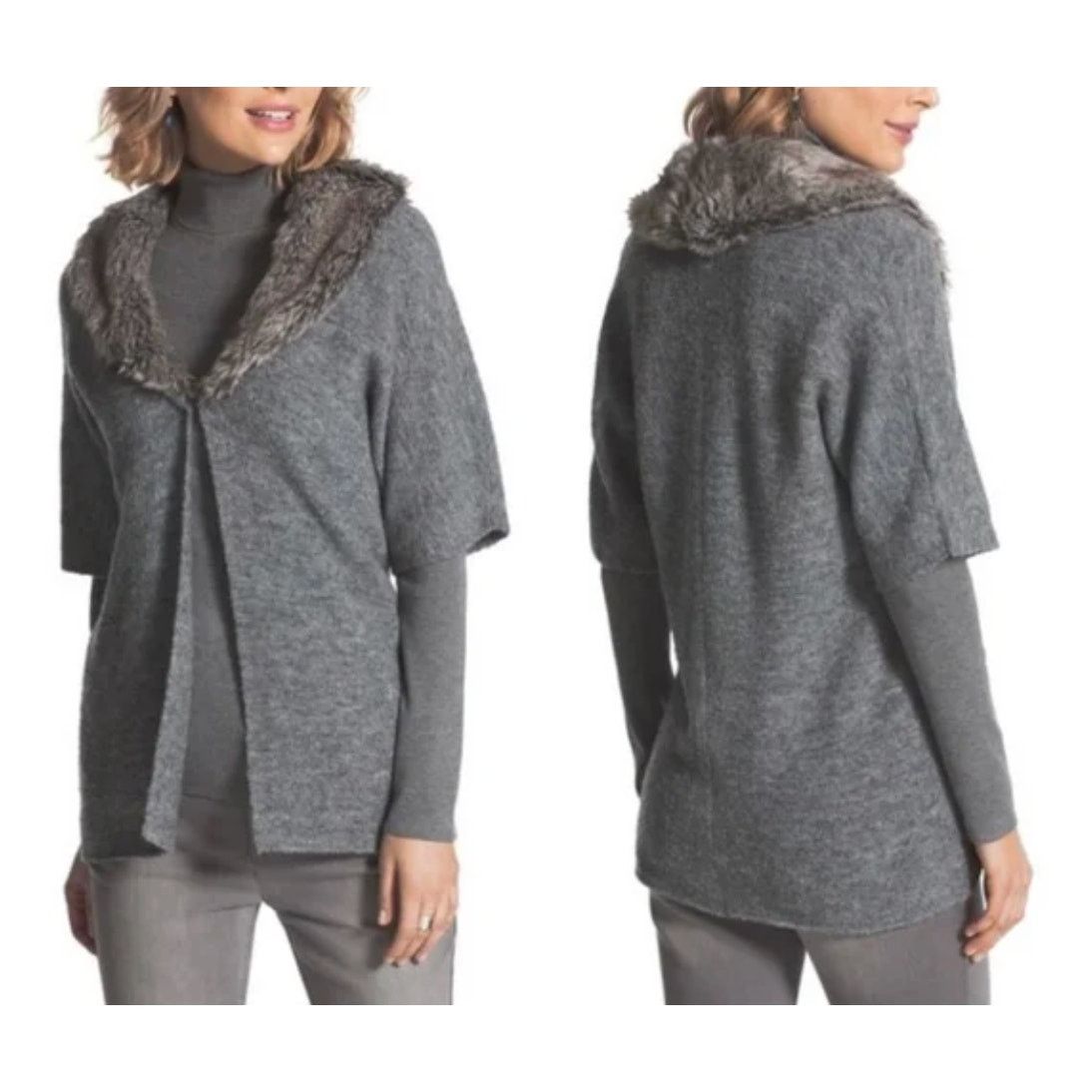 Chicos Chico’s Lillian Faux Fur Collar Cardigan Sweater Gray Wool Size M / US 6-8 / IT 42-44 - 5 Thumbnail