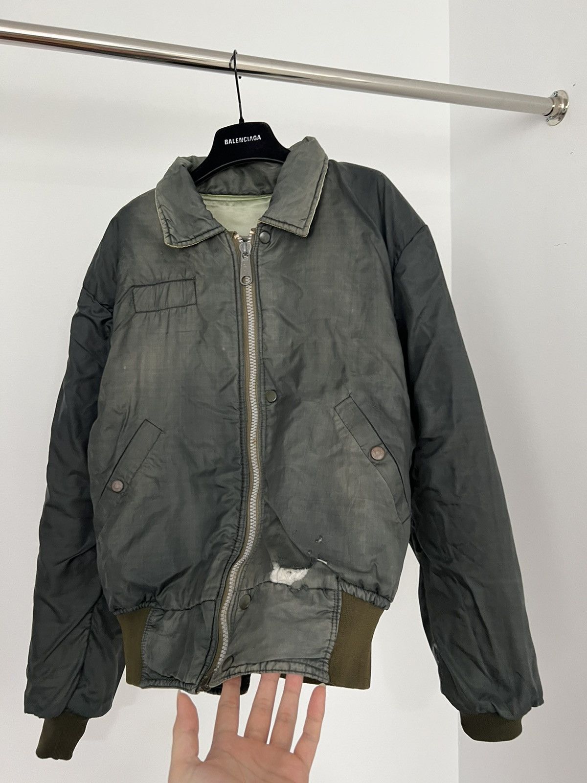 image of Trashed Sun Faded Military Jacket in Khaki Green, Men's (Size Large)