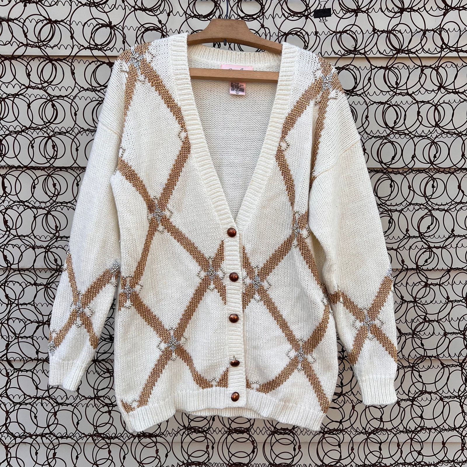 Vintage Argyle pattern bead detail button down cardigan sweater Size L / US 10 / IT 46 - 1 Thumbnail