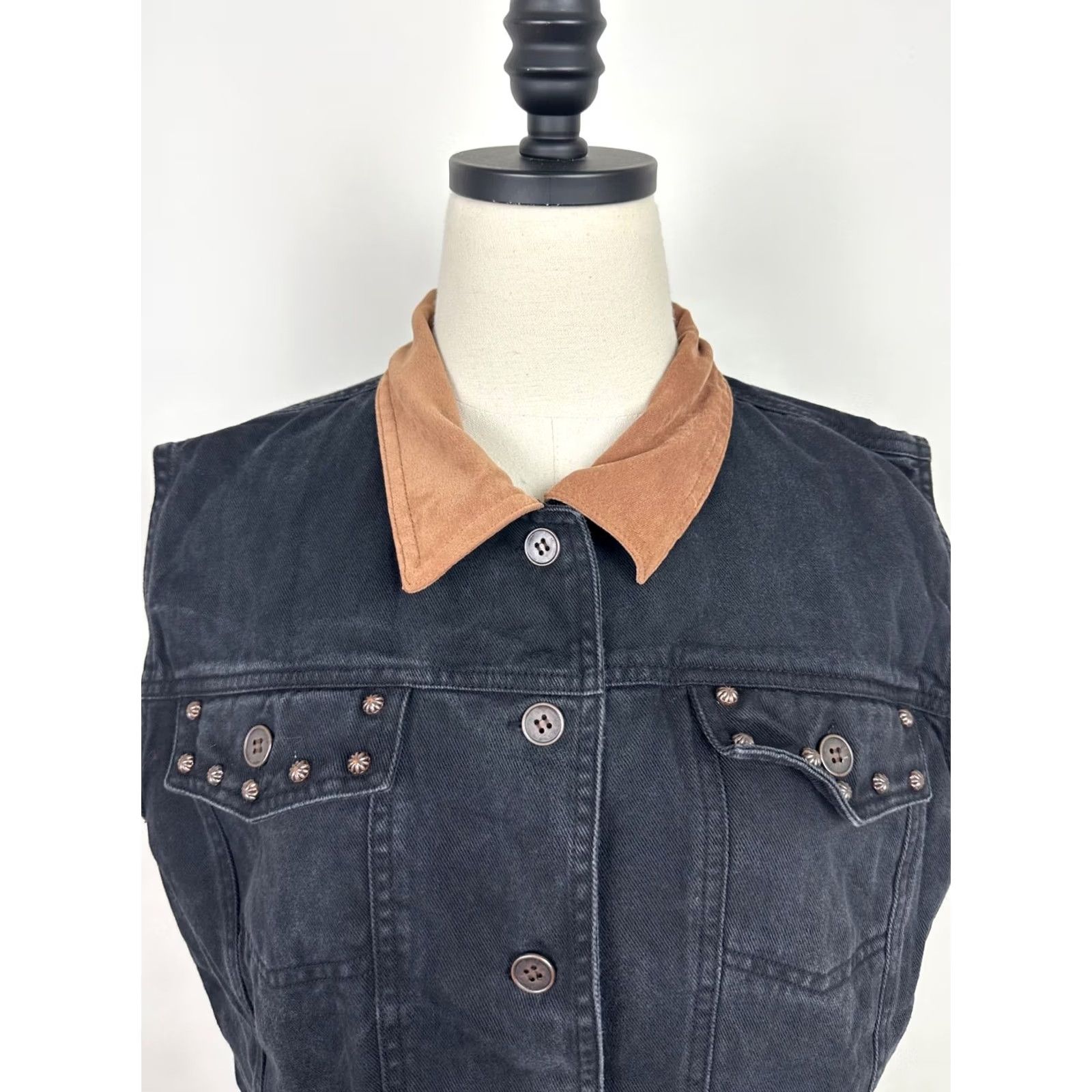 Denime VINTAGE Stonebridge Vest Western Womens XL Black Denim Faux Suede Collar Studded Size XL / US 12-14 / IT 48-50 - 3 Thumbnail